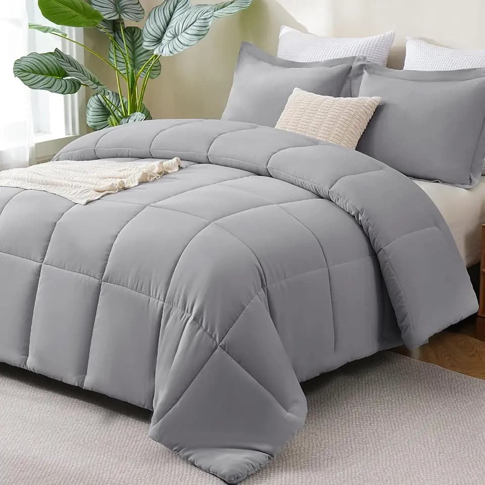 CozyLux Full Size Comforter Sets, 3-Piece Box-Stitched, Grey
