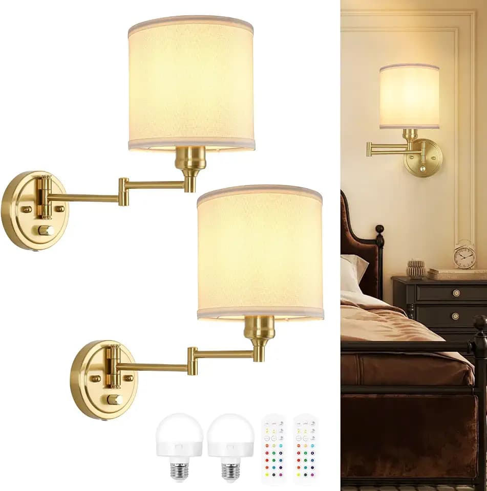 GOODATE Battery Operated Wall Sconce with Remote Control, 15 Colors Dimmable Wireless Wall Sconces Set of Two, Rechargeable Cordless Wall Sconce Light, Swing Arm Wall Lamp with White Fabric Shade