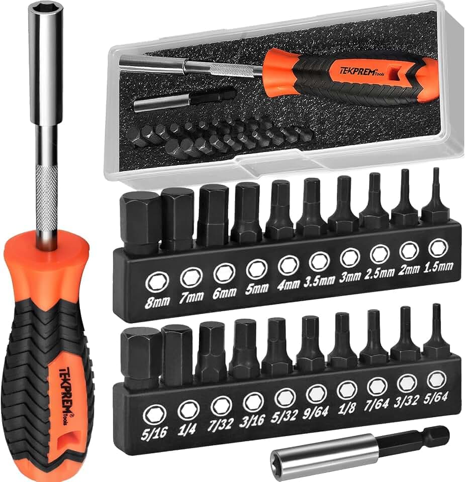 TEKPREM 20-Piece Metric & SAE Hex Bit Set with Magnetic 1/4" Screwdriver Bit Driver, Allen Wrench Drill Bits, Rubber Strip, and Storage Box