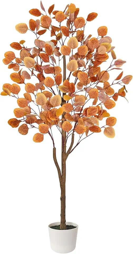 Artificial Eucalyptus Tree, Fall Tree for Outdoor Indoor Porch Entryway, Orange Potted Fake Plants, Autumn Decoration for Home Office Party, Thanksgiving Halloween, 4ft
