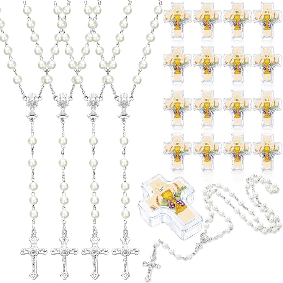 24 Set Saint St Jude Baptism Favor Bead Rosary Cross Necklace, White