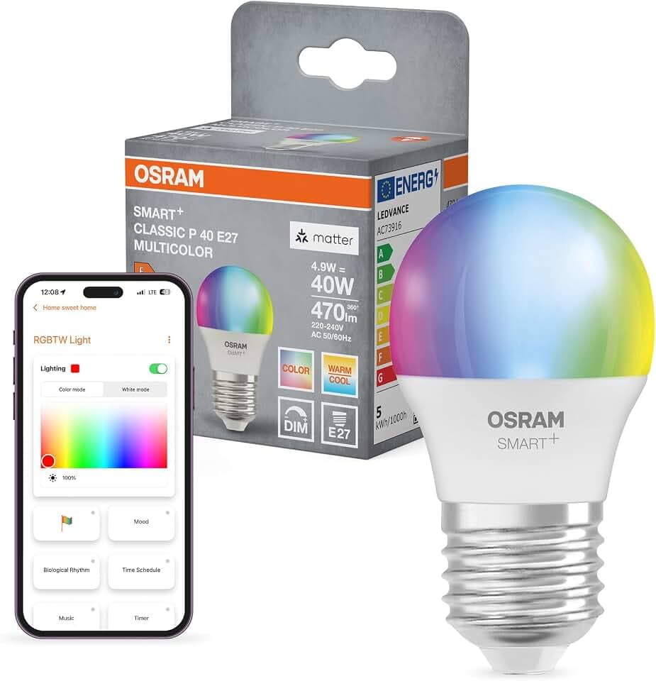 Osram SMART+ LED-Lampe P40 RGBW E27, Miniballform, WLAN-fähig, steuerbar mit App, kompatibel mit Matter, Alexa, Google Assistant, White