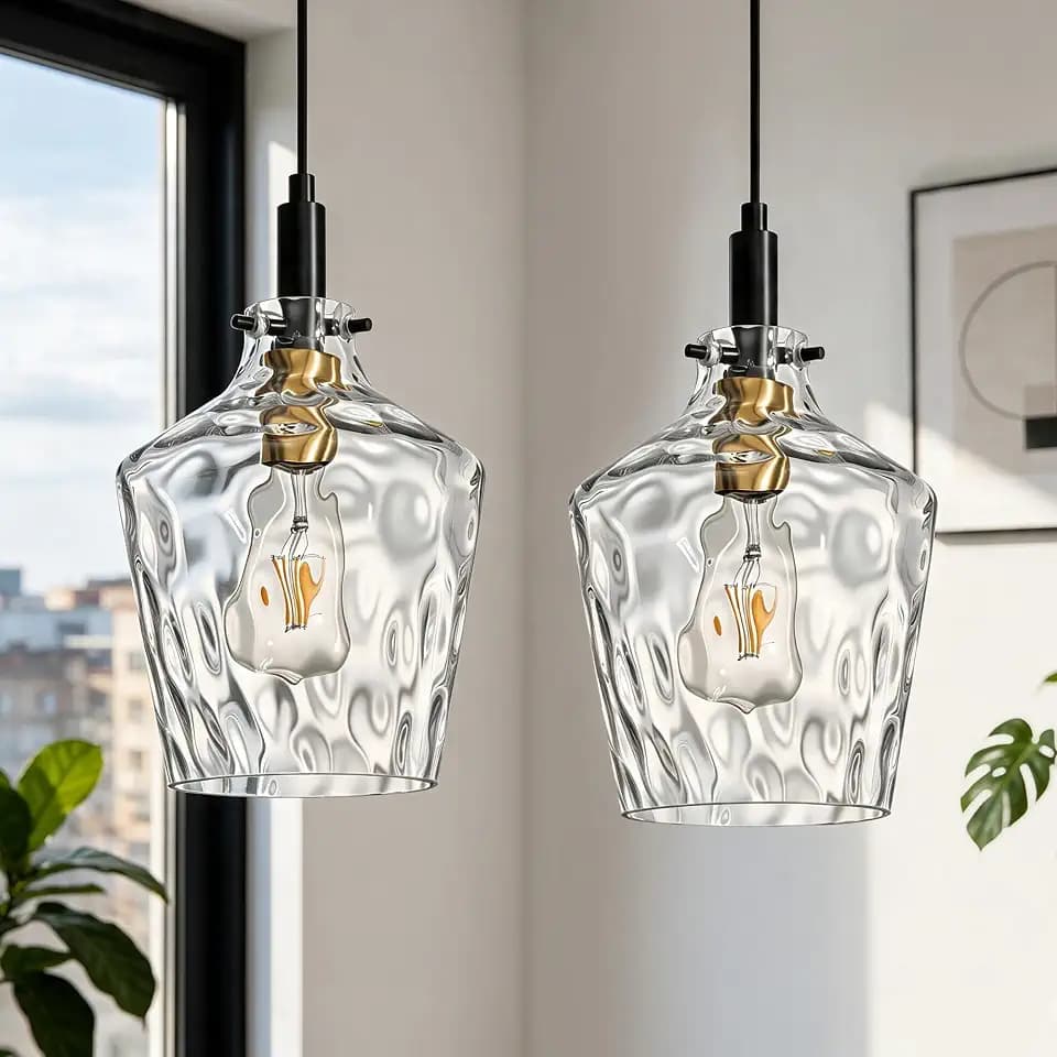 Hammered Glass Pendant Light for Kitchen Island 2 Pack Black Gold 8 Inch