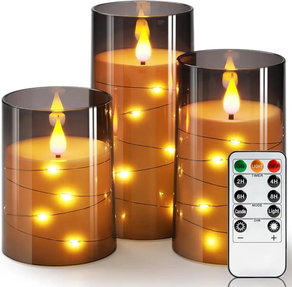 Homemory Flickering Flameless Candles with String Lights, Battery Operated Candles, Embedded String Lights LED Candles, Unbreakable Plexiglass with Remote, Set of 3, Grey