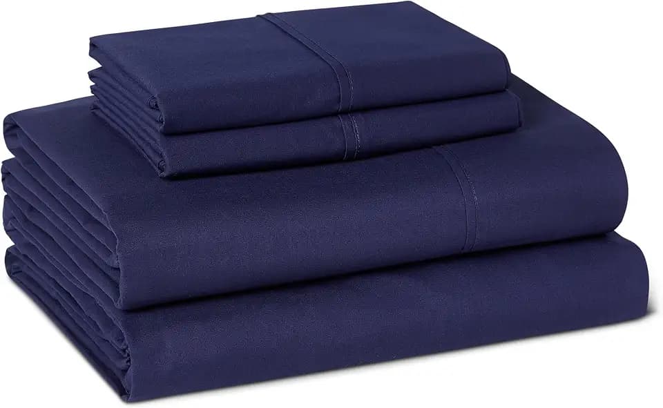 Amazon Basics Soft Organic Cotton Sheet Set with 2 Pillowcases, Queen, Navy Blue