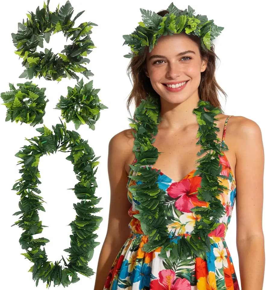 MAGICLULU Green Hawaiian Party Garland, Artificial Leaves Headband, Lifelike Necklace, Tropical Beach Luau Costume Supplies, Hula Dancer Wristbands, Foliage Lei Wreath Set, 4pcs in 1 Set