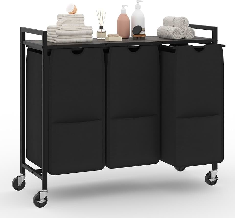 3-Section Laundry Hamper with Shelf, Pull-Out Removable 12.8 gal(48L) Bags, Metal Frame Laundry Sorter Movable Wheels and 3 Compartments, Grey Board, Black