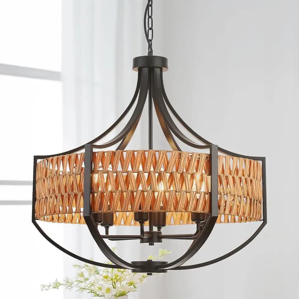 Refice 25.6" Rattan Chandelier, 6-Light Boho Chandelier with Natural Woven Reed Shade, Black Coastal & Farmhouse Light Fixtures Pendant Light for Dining Room, Living Room, Foyer, Bedroom & Hallway