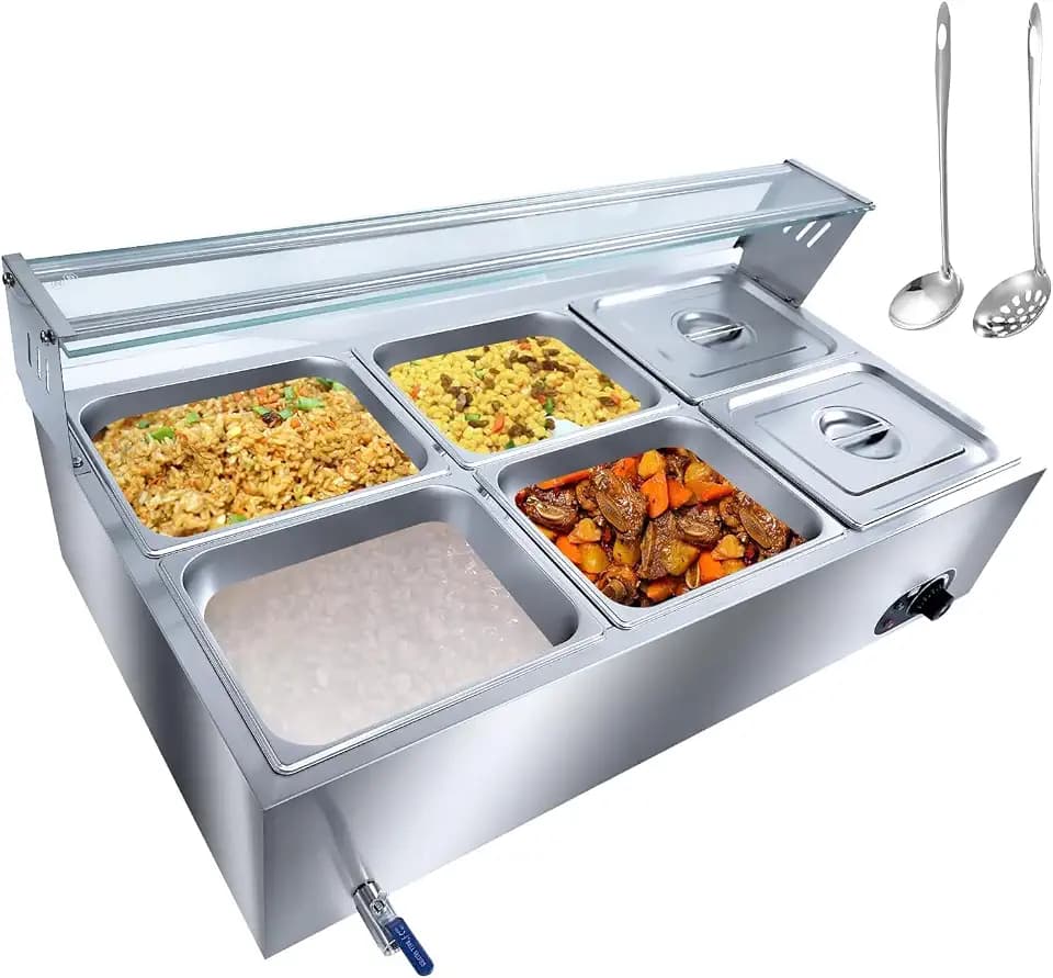 6-Pan Commercial Food Warmer, 72 Qt Electric Steam Table,Stainless Steel Electric Bain Marie with Tempered Glass Shield,Buffet Warmer for Catering, Restaurants, Cafeterias