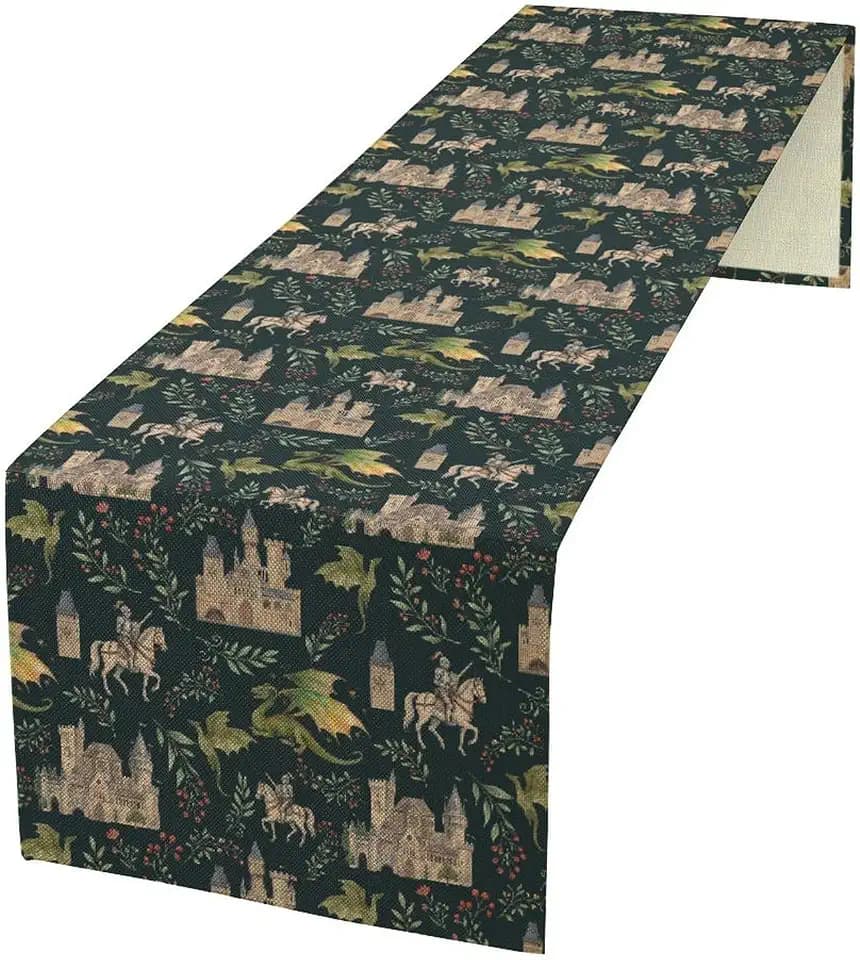 Dragon Table Runner, Magical Medieval Castle Dragon Knights and Floral Pattern for Home Kitchen Table Decor Dining Coffee Room Party Decor 13x90in