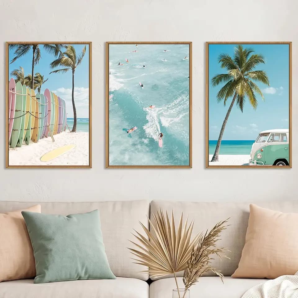 KAIRNE Blue Ocean Surfboard Seascape Framed Canvas Wall Art Set-24"x36"x3