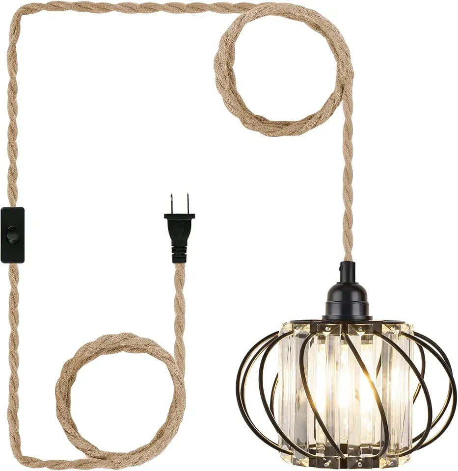 Crystal Small Plug in Pendant Hanging Light - 15ft Hemp Rope Cord Farmhouse