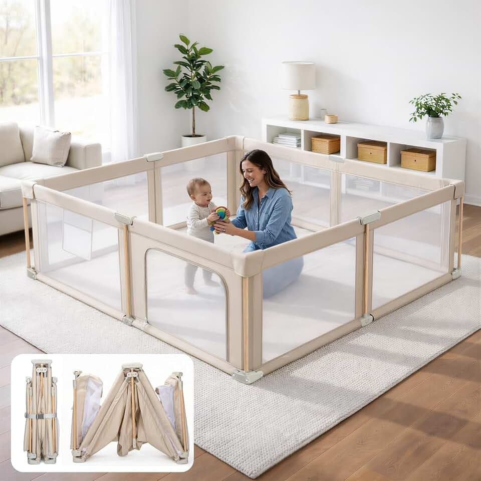 Foldable Baby Playpen with Mat, Foldable Baby Fence Play Yards for Babies and Toddlers, Play Pen with Breathable Mesh Anti-Fall Pads Storage Bag and 2 Pull up Rings (50''x50‘’)