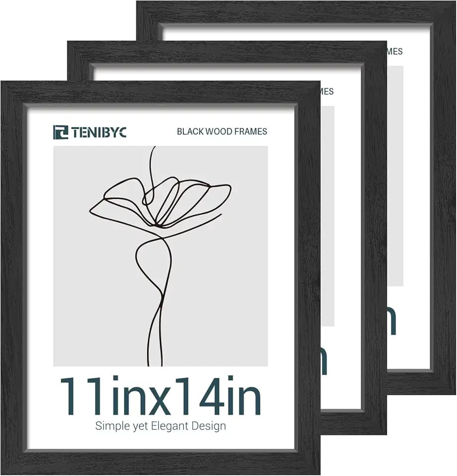 11x14 Picture Frame, Black Wood, 3 Pack, Glass, Table for Photos