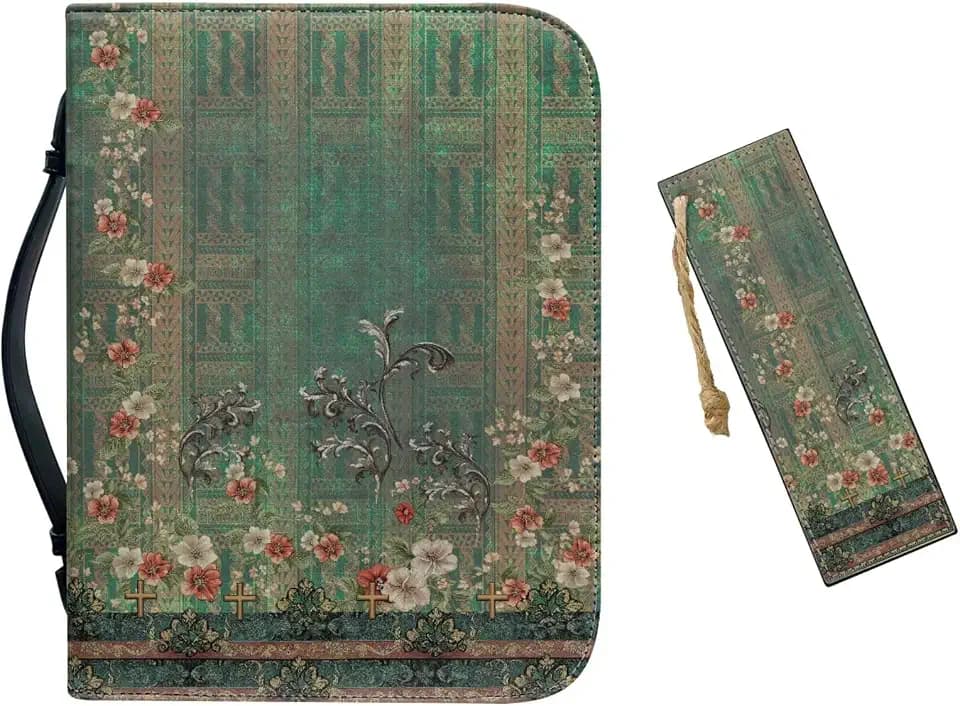 Vintage Boho Flowers Bible Cover Case for Women, Green Victoria Flowers PU Leather Bible Cover, Gift for Women, Bible Carrying Case for Women, Large Bible Cases for Women One Size-11.2"x8"x2.2"