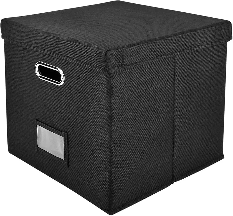 Vinyl Record Storage Box, 12.99x12.99x12.99Inch Album Storage for Vinyl Records, Decorative Linen Storage Cube Bin with Lid, Stackable & Collapsible (Color:Black)