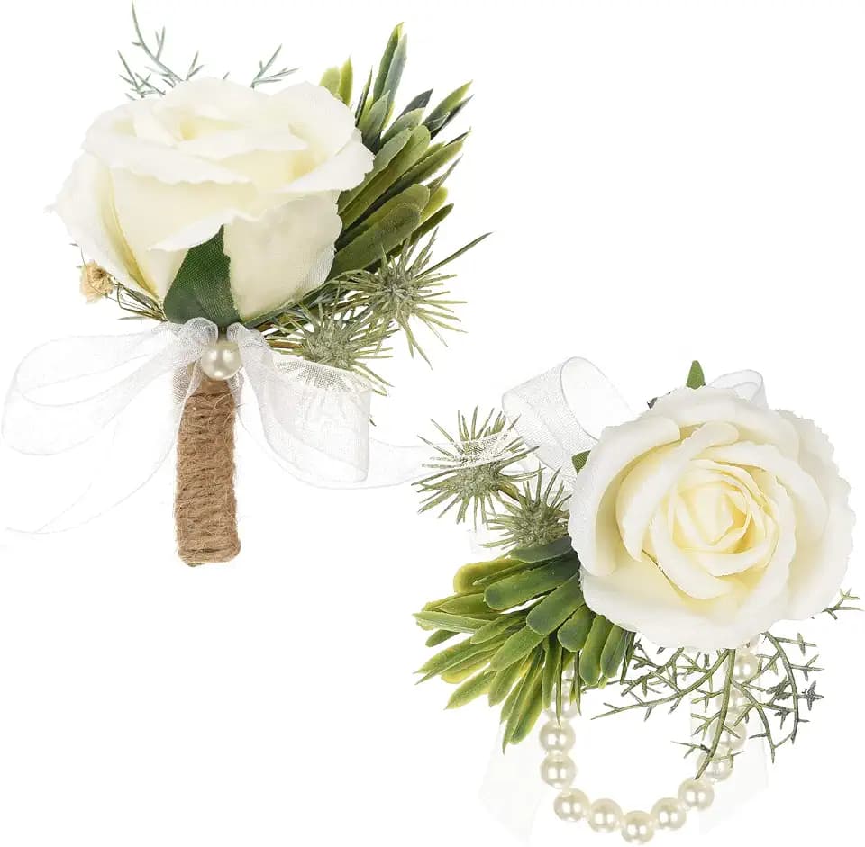DearHouse 2 Pack Boutonniere Buttonholes and Wrist Corsage Wristband Roses Wrist Corsage, Groom Groomsman Best Man and Girl Brides Rose Wedding Flowers Accessories Prom Suit Decoration