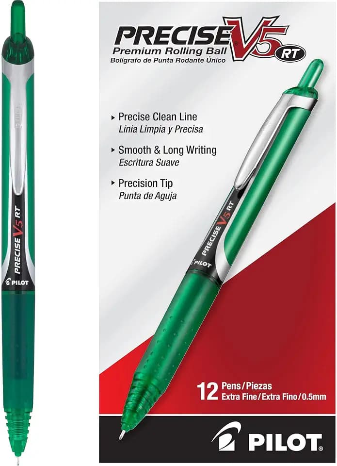 PILOT Precise V5 RT Retractable Rollerball Pens, 0.5mm, Green, 12-Pack
