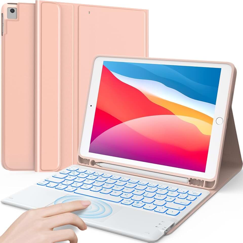 Earto Tastatur Hülle für iPad 8 Gen 10.2 Zoll 7/8 Gen | Touchpad, 7 Farben Beleuchtung, Abnehmbare QWERTZ Tastatur, Kabellos, Kompatibel mit Air 3/Pro 10.5, Roségold "
