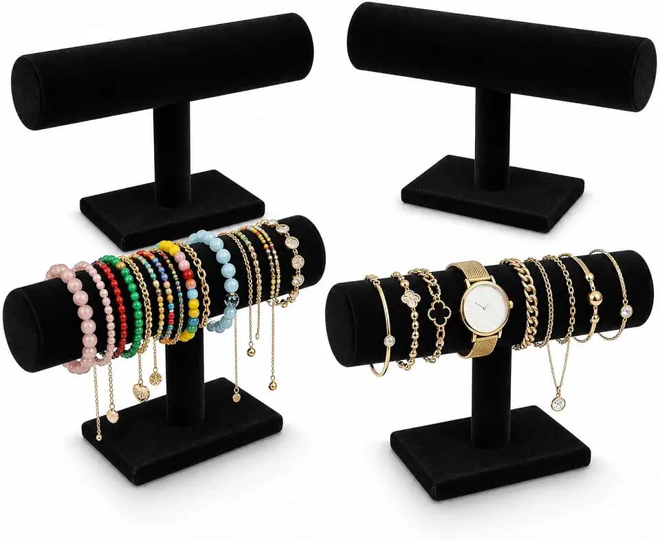 Foraineam 4-Pack Black Velvet T-Bar Jewelry Display Stands Watch Necklace Bracelet Organizer