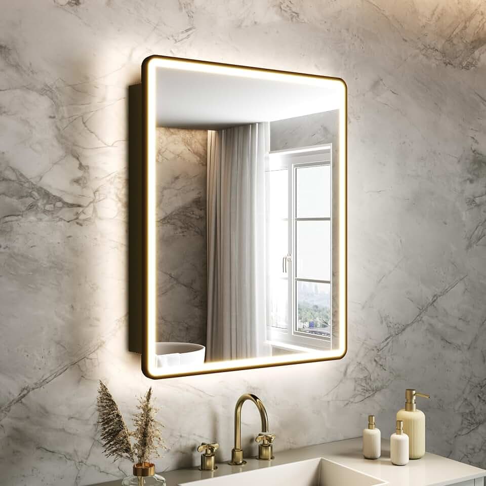 24x30 in Lighted Medicine Cabinet with Mirror, Black Metal Frame