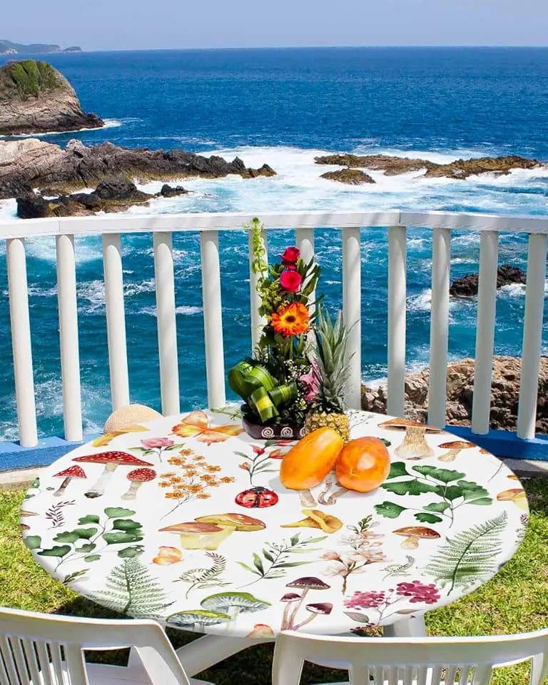 Mushrooms Round Tablecloth Fitted Table Cloth with Elastic Outdoor Round Table Cover Waterproof Wipeable Tablecloth for 55"-60" Table Spring Watercolor Mushroom Flowers Leaves Texture White Tablecloth
