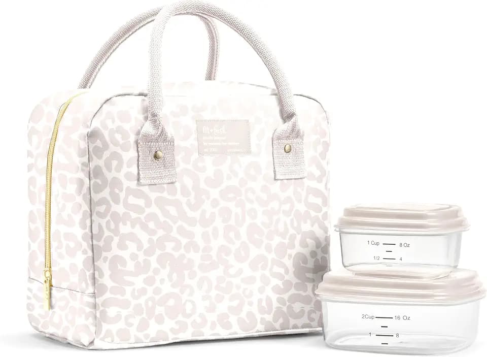 Fit & Fresh Bloomington Lunch Bag for Women - Insulated Large Lunch Box for Work with Containers, Leak-Resistant, Stain-Resistant, Zipper Closure, Feline Fine Ivory