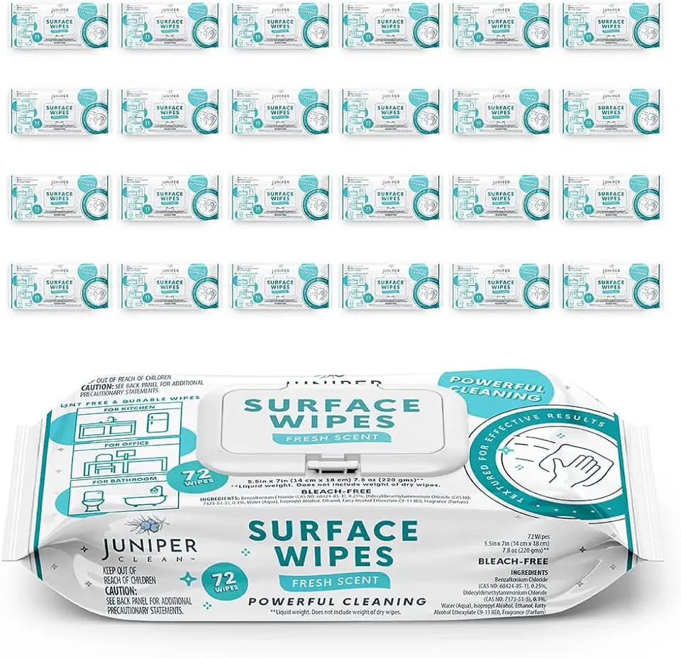 Juniper CLEAN 24 Pack Surface Cleaning Wipes Bleach Free, All-Purpose Cleaner for Bathroom, Kitchen, Office, 1728 Count Soft Flow, Fresh Scent, Bleach Free, Lint Free, Durable