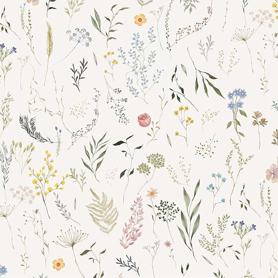 Dimoon 236"x16.1" Floral Peel and Stick Wallpaper Beige Contact Paper Thicken Wallpaper Delicate Flower Waterproof Green Leaf White Self Adhesive Removable Wall Paper Shelf Liner Decal Vinyl Roll