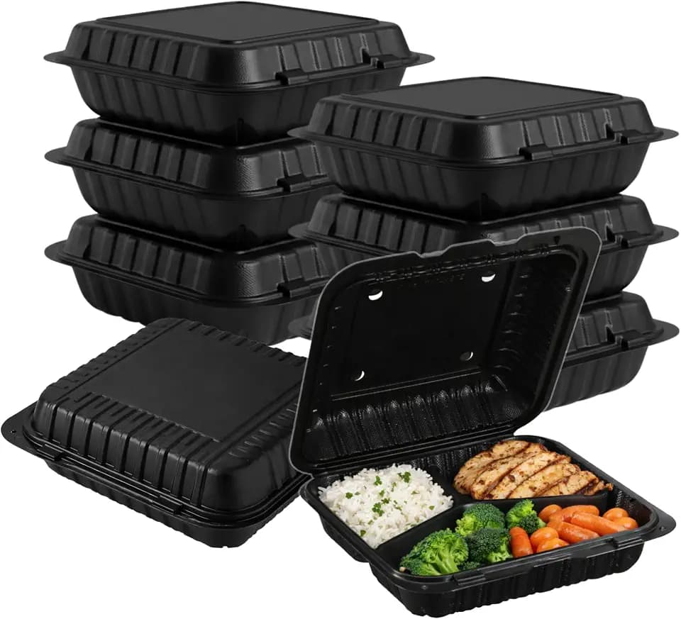 Front Lock MFPP Hinged Food Containers, 8" x 8" Black Vented Clamshell – 3 Compartment Disposable Takeout Boxes, Durable Microwaveable Containers for Restaurants & Food Service – 150 Pack