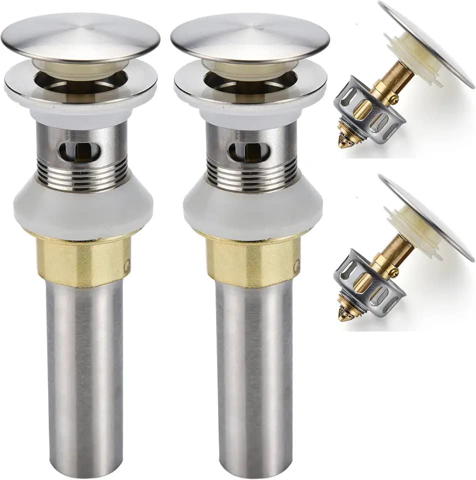 Rockgoya Bathroom Sink Drain,2 Pack Drain Stopper Bathroom Sink with Overflow,Pop Up Drain Assembly with Detachable Strainer Basket,Built-in Anti-Clogging Strainer,Stainless Steel Brushed Nickel