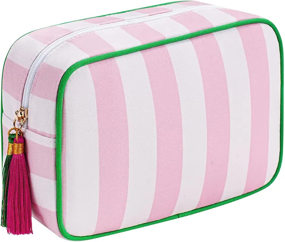 RSRSLEII Large Striped Travel Makeup Bag, Tassel Zippered Toiletry Bag,Pink
