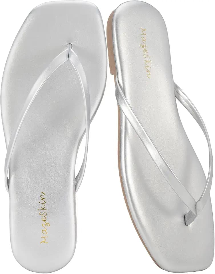 mazeskin Womens Memory Foam Flip Flops Leather Flat Sandals