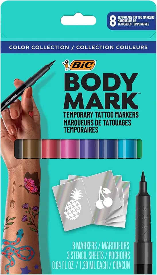 BODYMARK Temporary Tattoo Markers, 8-Count Color Collection, Skin-Safe