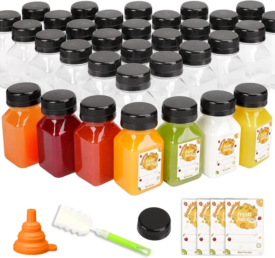 TOMNK 45 PACK 4 OZ Plastic Juice Bottles with Black Caps, Sticker Labels