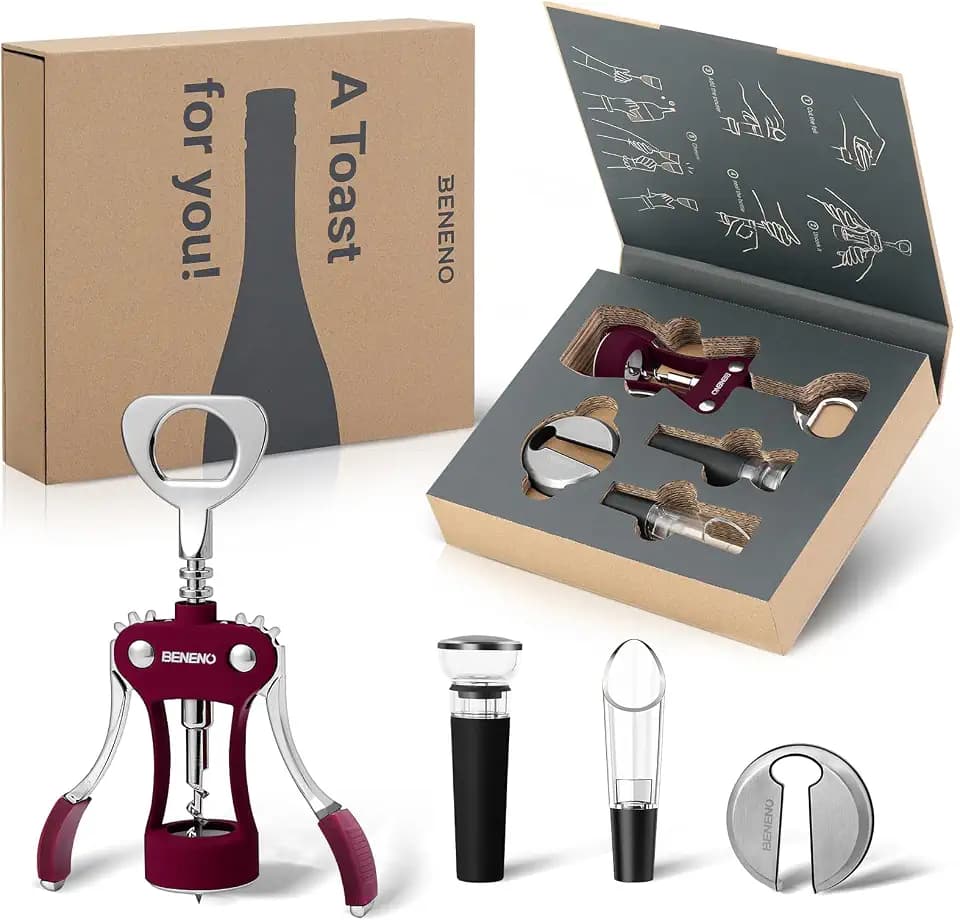 Beneno Corkscrew Wine Bottle Opener Accessories Gift Set, Wine Red