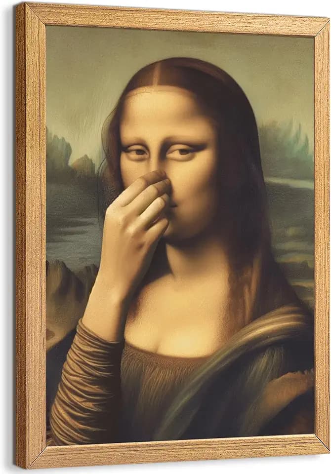 Wood Framed Funny Mona Lisa Canvas Wall Art Bathroom Mona Lisa Classical Wall Decor Pinching Nose Painting Celebrity Classical Vintage Whimsical Posters Pictures Humor Amusing Toilet Prints