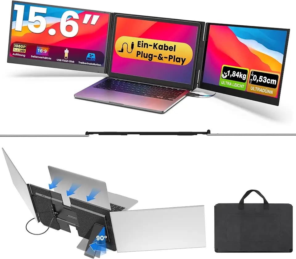 Kwumsy Laptop Bildschirm Erweiterung 15,6 Zoll – Mit Nur Einem USB-C-Kabel, Plug & Play, FHD 1080P IPS Triple Screen Extender für 13–17,3 Zoll Laptops, Tragbarer Monitor, Kompatibel mit Windows & Mac.