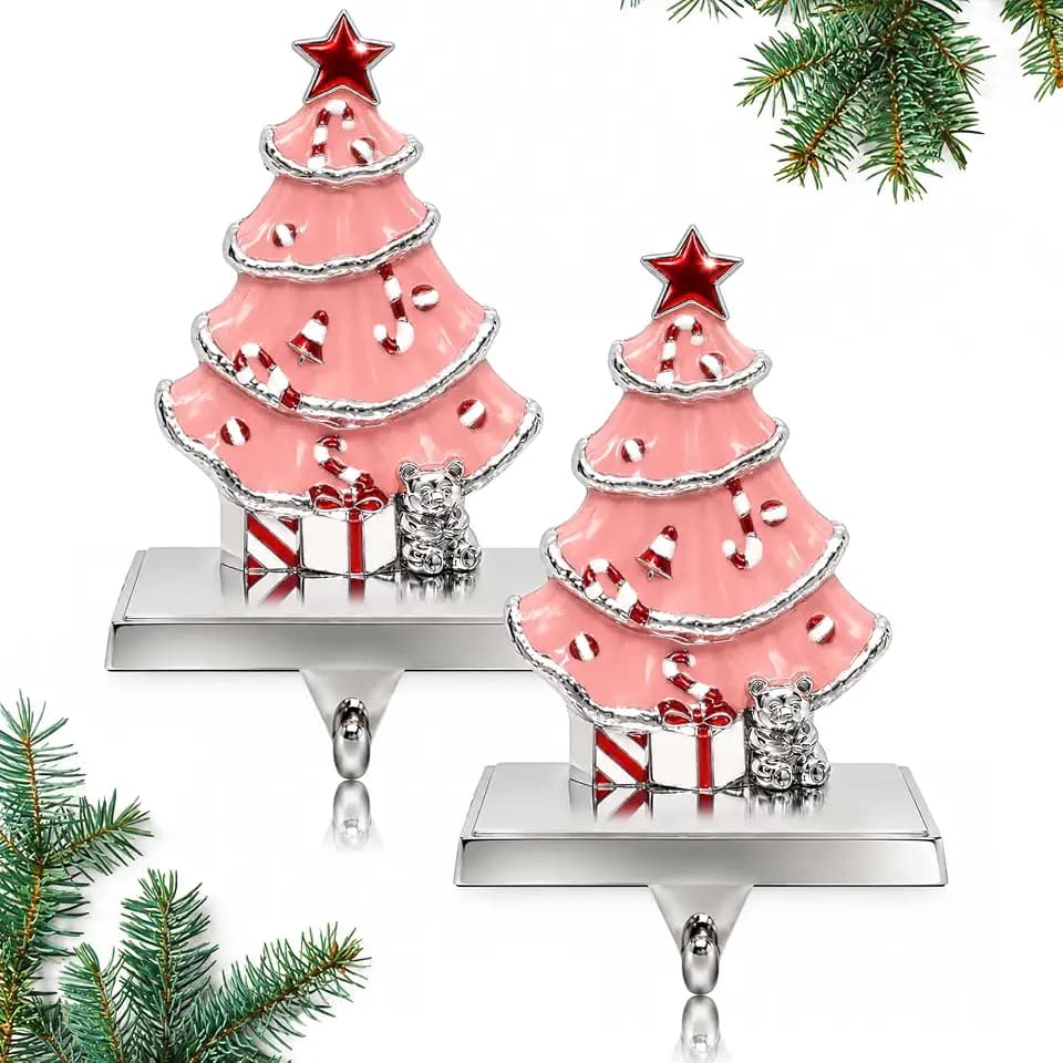 JUSTOTRY 2PC Pink Christmas Stocking Holder for Mantle, Christmas Decor