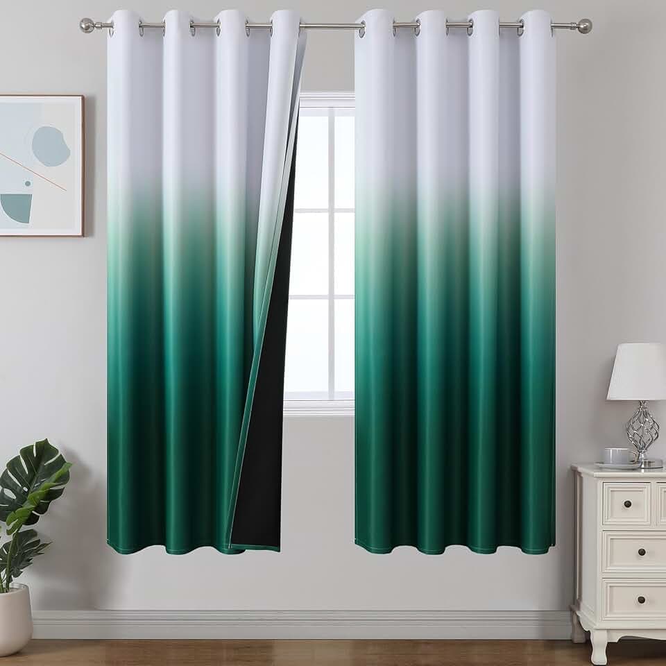 Ombre Green Greyish White Blackout Curtains for Bedroom 52Wx72L 2 Panels