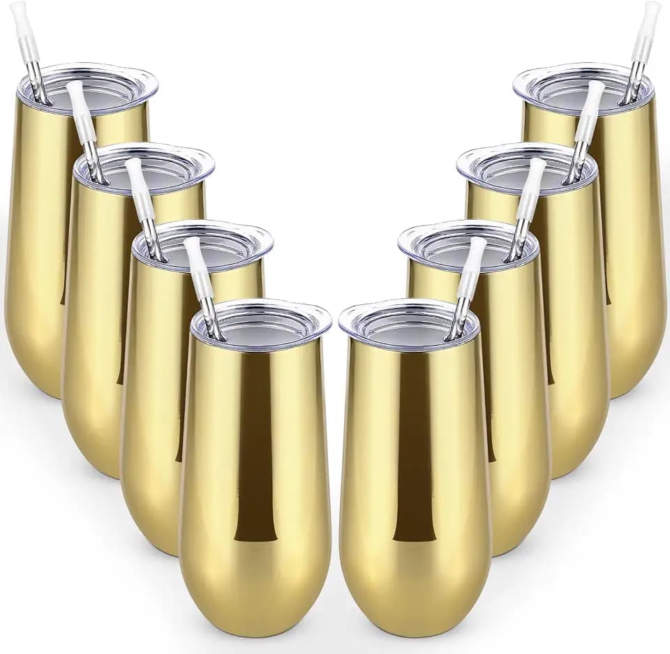 Lifecapido 8 Pack Insulated Stemless Tumblers, 12oz Stainless Steel Flute Tumblers, Gold Plating for Birthday Party Wedding Christmas