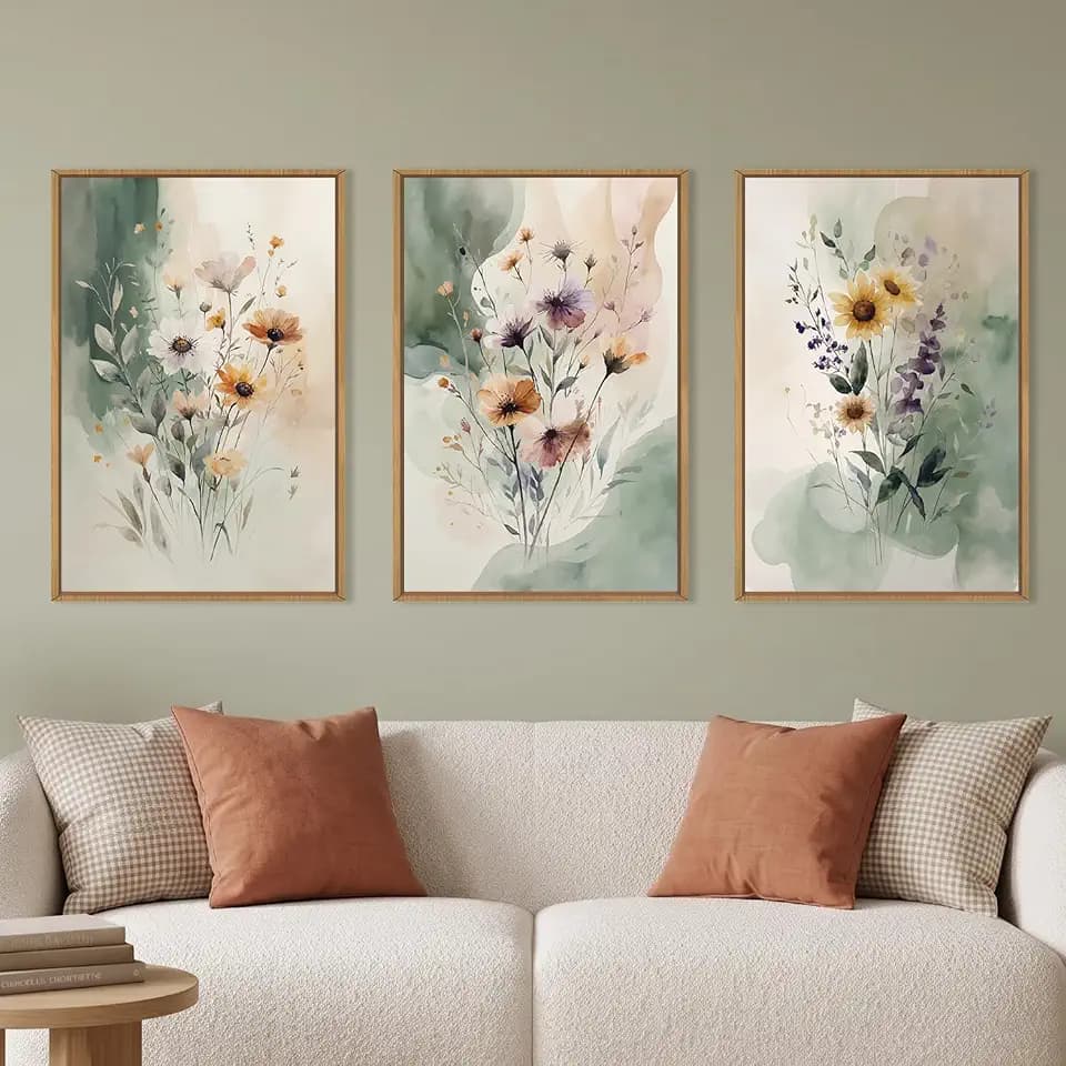 Large Vintage Wildflower Framed Canvas Wall Art,Rustic Watercolor Flowers Wall Decor,Boho Botanical Print,Retro Green Floral Artwork for Living Room,Bedroom,Dining Room -24"x36"x3