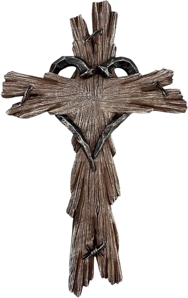 Rustic Wood-Look Resin Wall Cross with Barbed Wire & Nail Heart Accents – 11 ½” Christian Farmhouse Wall Décor, Inspirational Religious Gift (Rustic Brown)