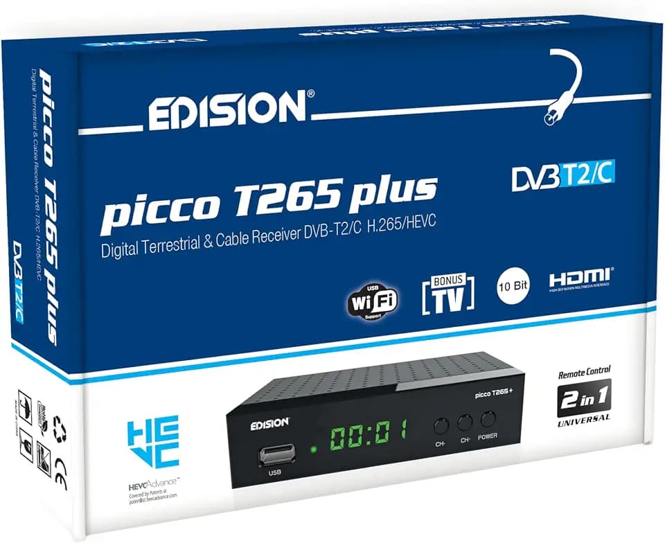 EDISION Picco T265 Plus Terrestrischer DVB-T2 & Kabel-Receiver DVB-C H.265 HEVC FTA Full HD PVR, USB, HDMI, SCART, S/PDIF, IR, USB WiFi Support, Universal 2in1 Fernbedieung