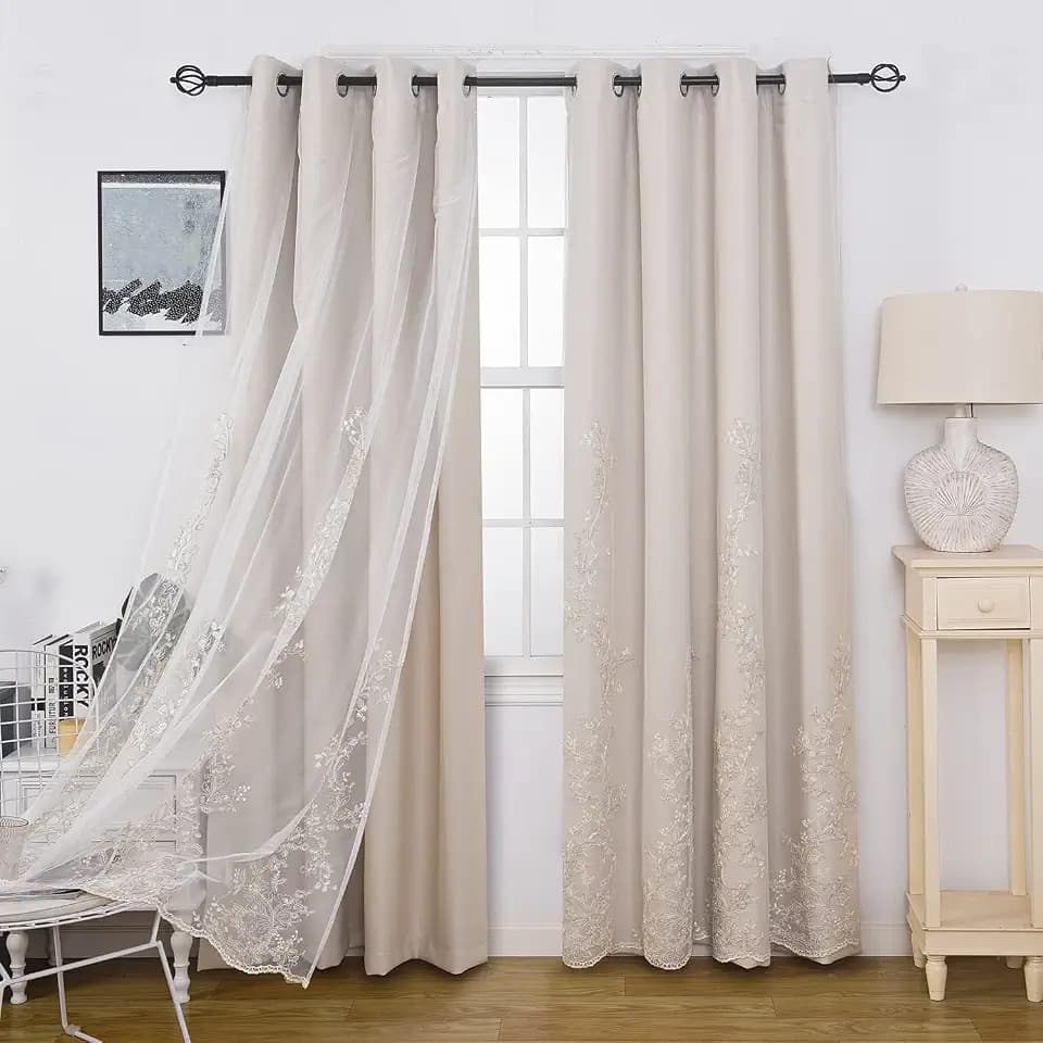 GYROHOME Double Layered Curtains with Embroidered White Sheer Tulle, Mix and Match Curtains Room Darkening Grommet Top Thermal Insulated Drapes,2Panels,52x108inch,Beige