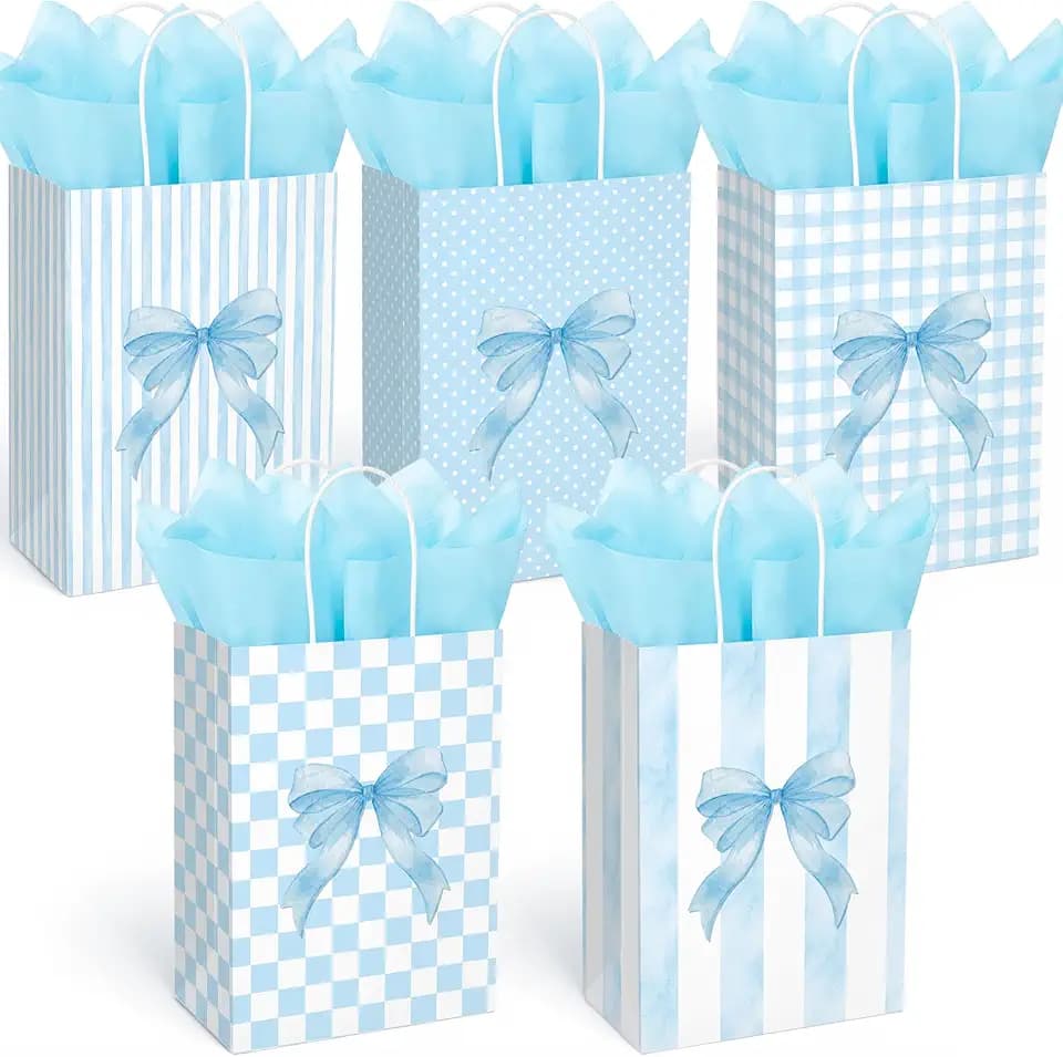 Engrowtic 25 Pcs Blue Bow Gift Bags with Handles