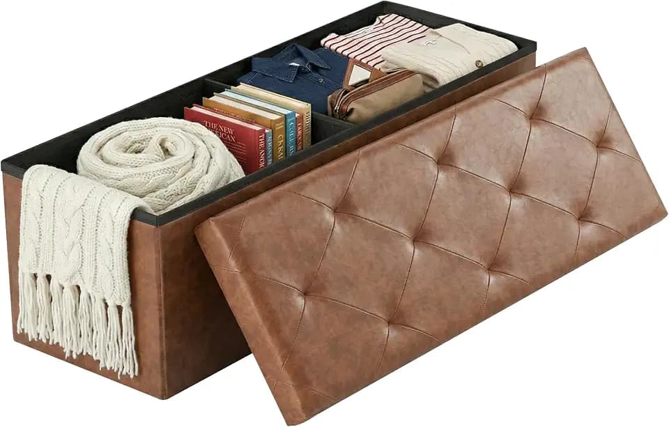 Foldable Storage Ottoman Bench, Synthetic Leather Storage Chest, End of Bed Foot Rest Stool with Padded Seat, 43 Inch Bedroom Bench for Living Room, Support 660lbs, Brown