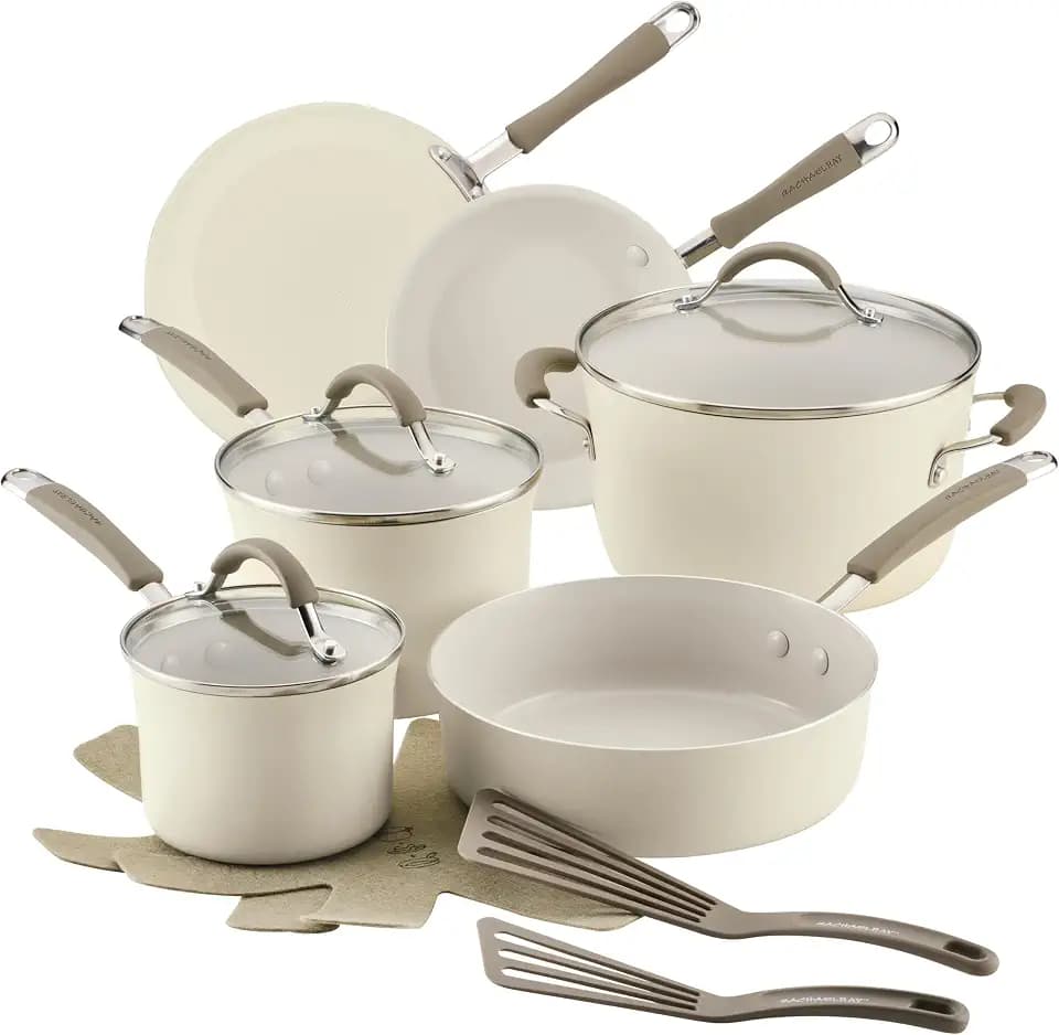 Rachael Ray Cucina Ceramic Nonstick Cookware Pots and Pans Set, 13-Piece, Almond