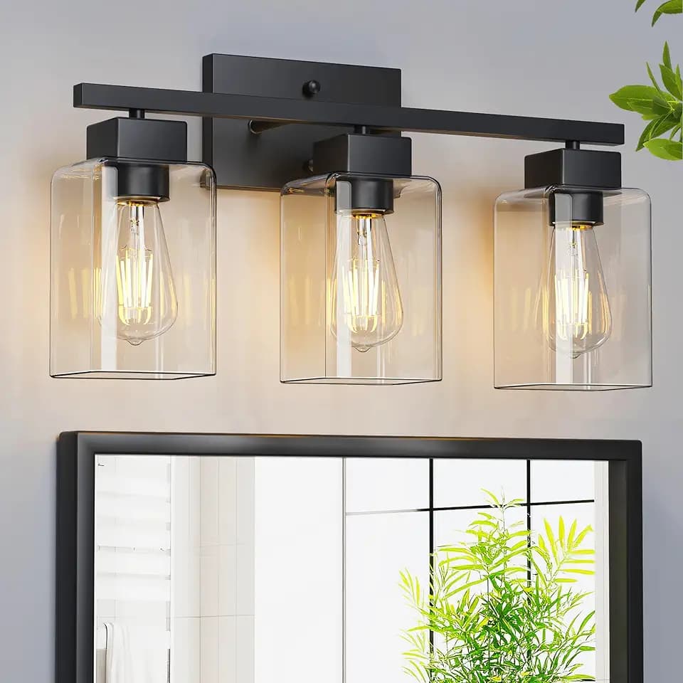 PARTPHONER 3-Light Bathroom Light Fixtures, Matte Black Modern Vanity Lights, Bathroom Lighting Fixtures Over Mirror, Square Design Farmhouse Wall Sconces with Clear Glass Shades