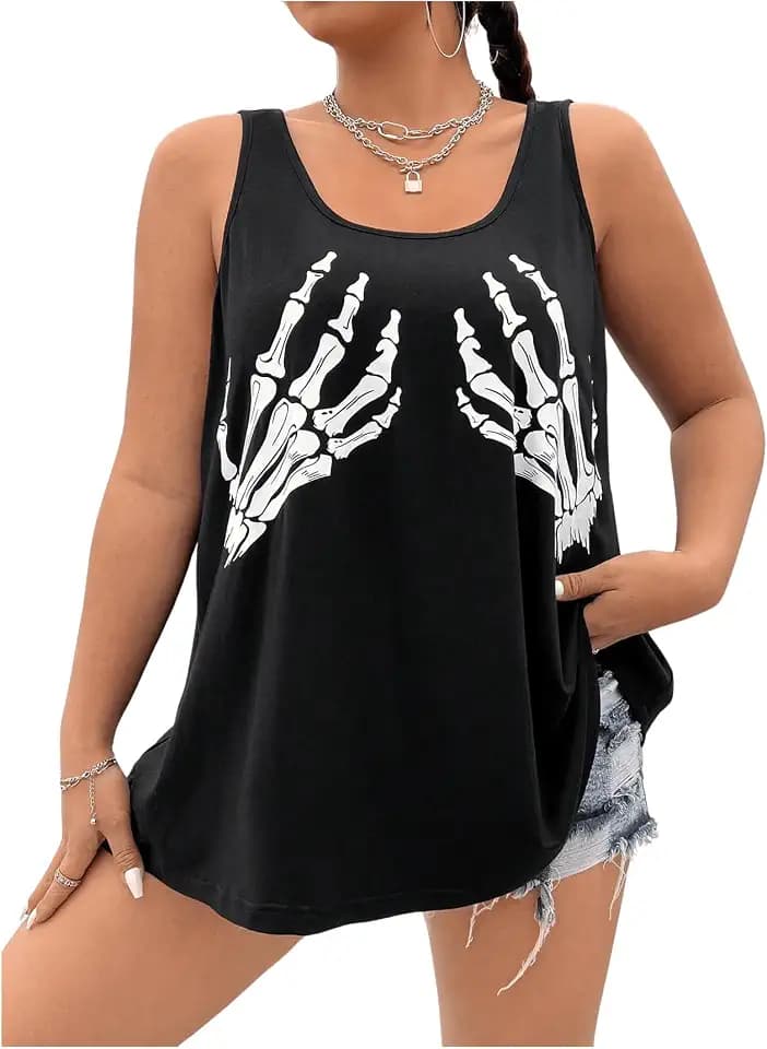 WDIRARA Women's Plus Size Skeleton Print Tank Top Skull Sleeveless Oversized Casual Long Tops